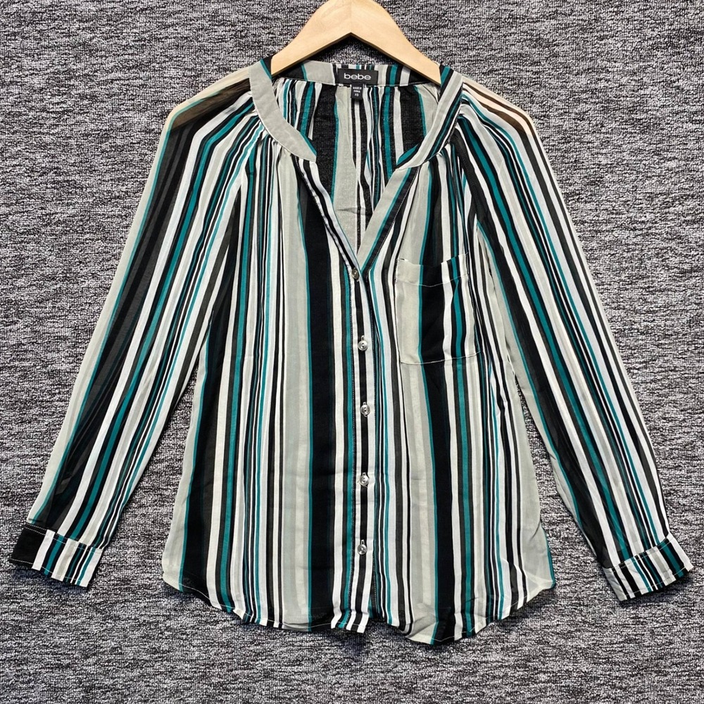 Bebe Womens Sheer Striped Button Down Blouse Top Size Extra Small Teal Black